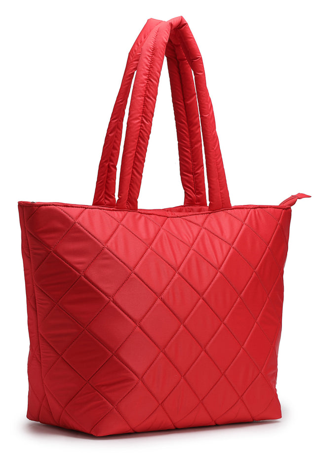 Red Diamond Quilted Polyester Hand Bag