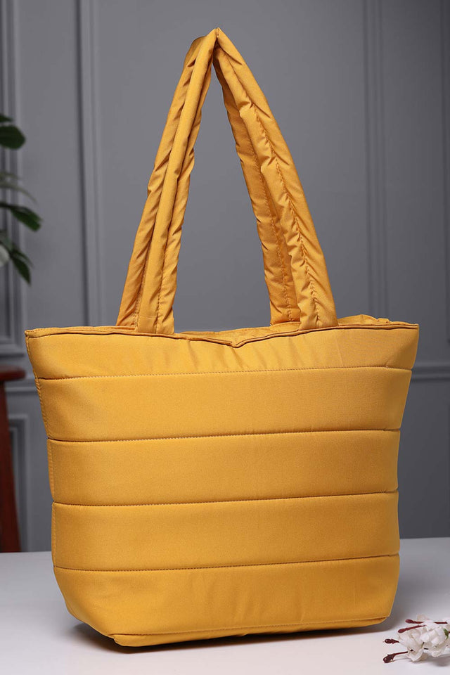 Saffron Yellow Polyester Striped Quilted Hand Bag