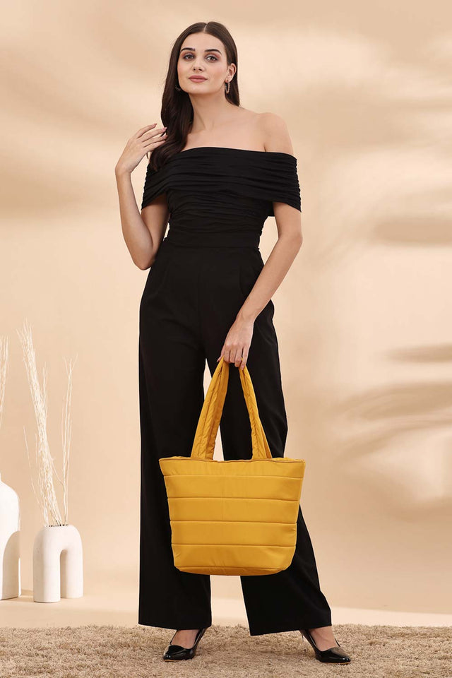 Saffron Yellow Polyester Striped Quilted Hand Bag