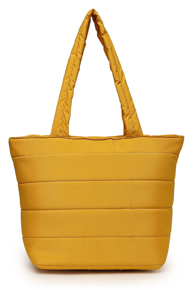 Saffron Yellow Polyester Striped Quilted Hand Bag