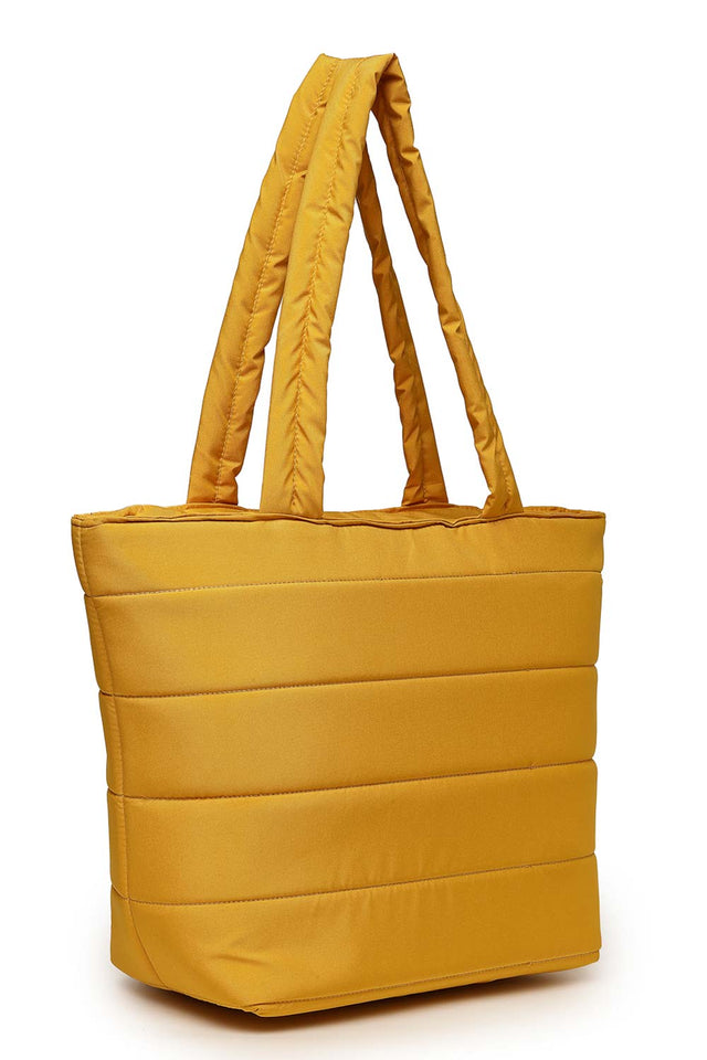 Saffron Yellow Polyester Striped Quilted Hand Bag