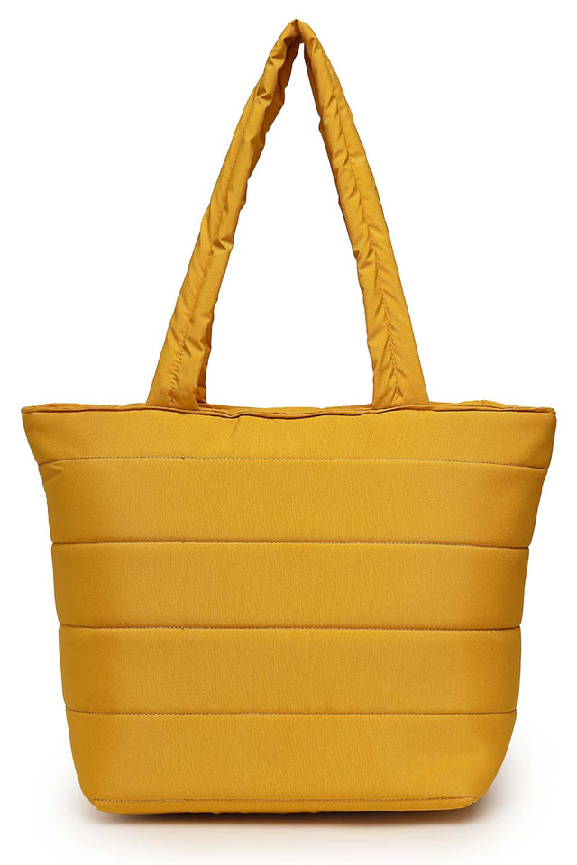Saffron Yellow Polyester Striped Quilted Hand Bag