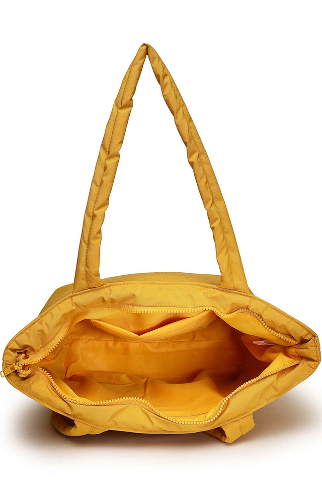 Saffron Yellow Polyester Striped Quilted Hand Bag