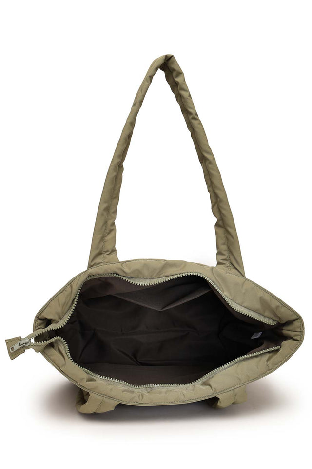 Olive Green Polyester Striped Quilted Hand Bag