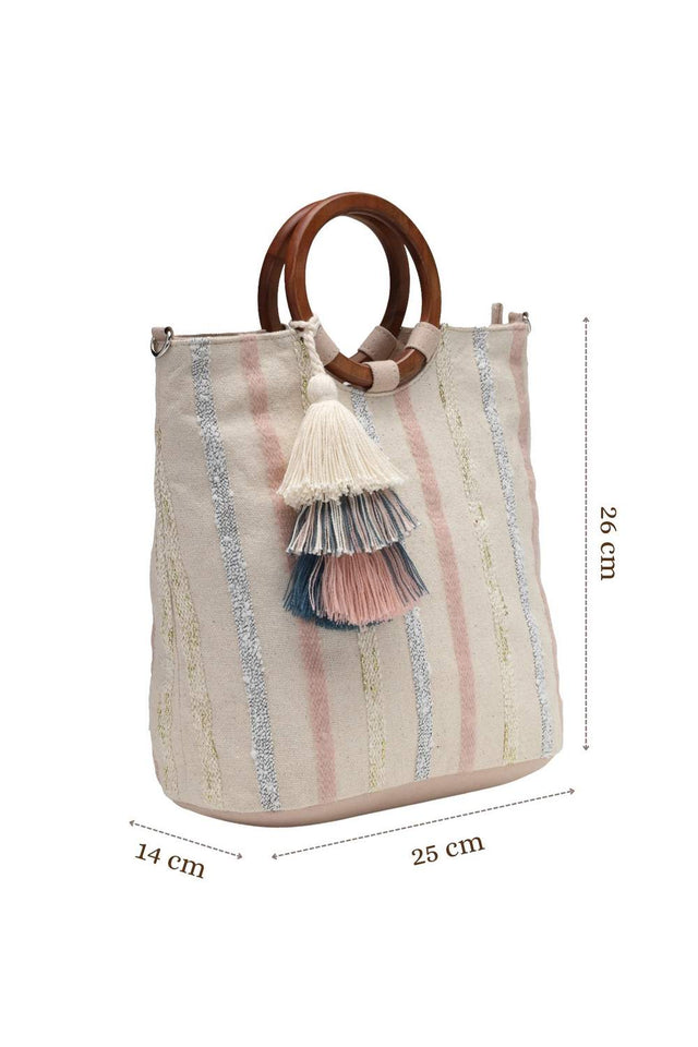 Off White Striped Cotton Hand Bag