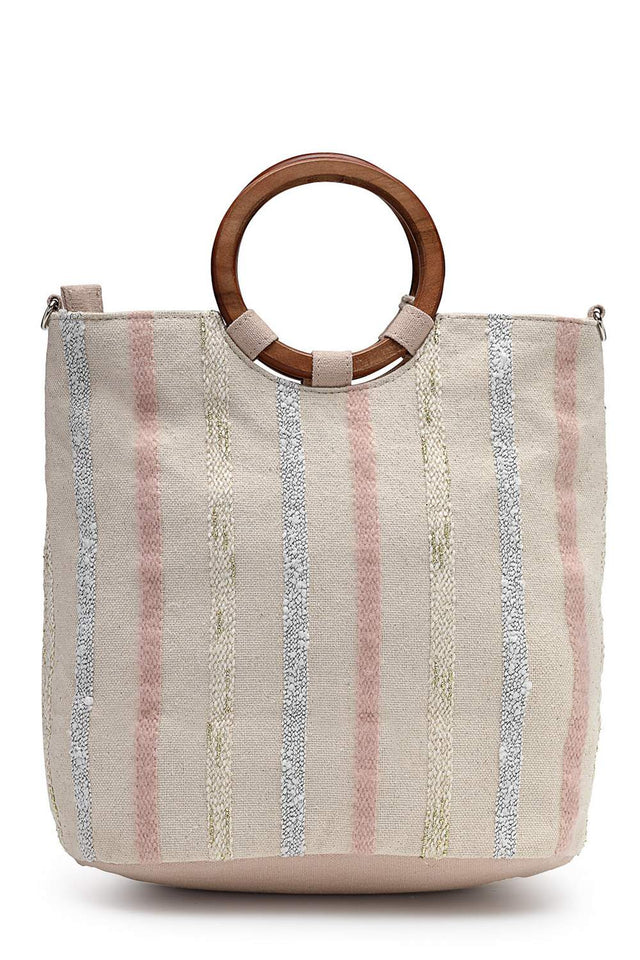 Off White Striped Cotton Hand Bag