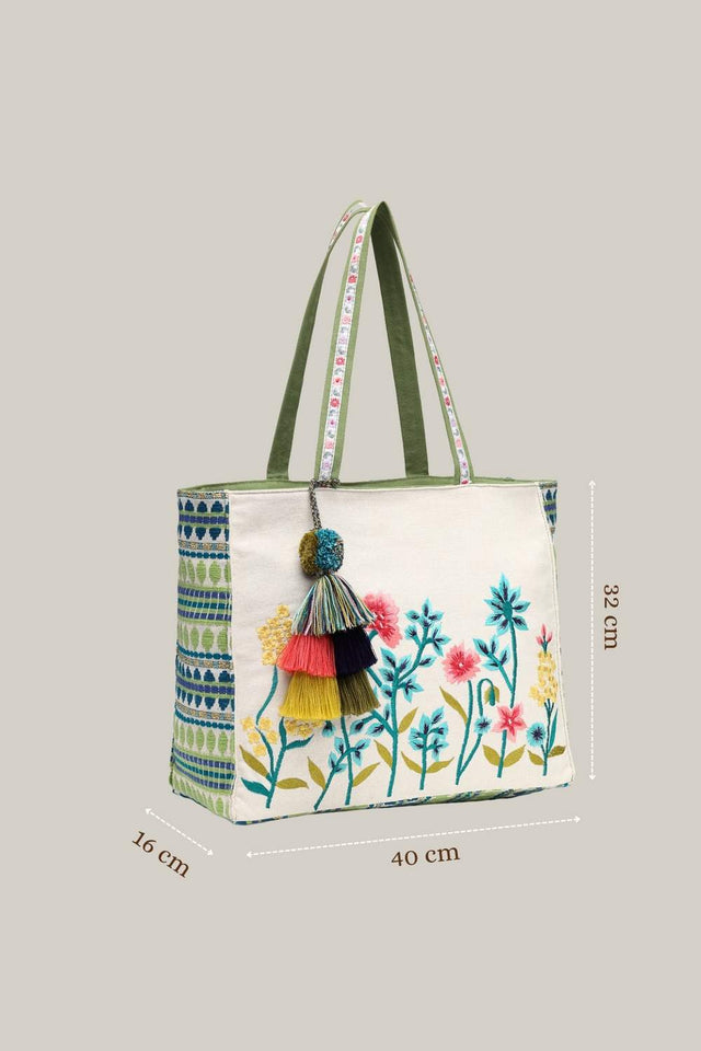 Off White Floral Embroidered Cotton Tote Bag