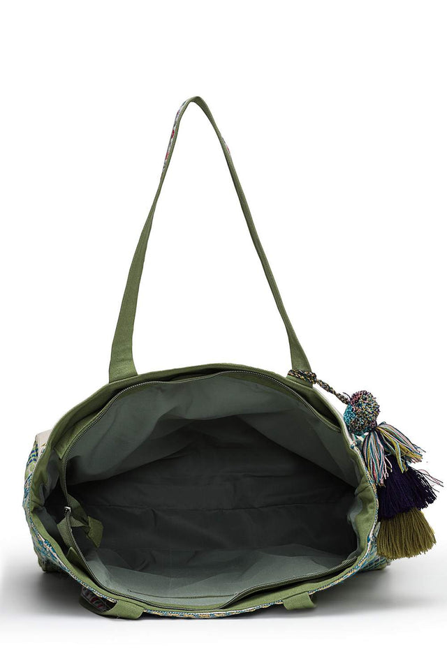 Off White Floral Embroidered Cotton Tote Bag