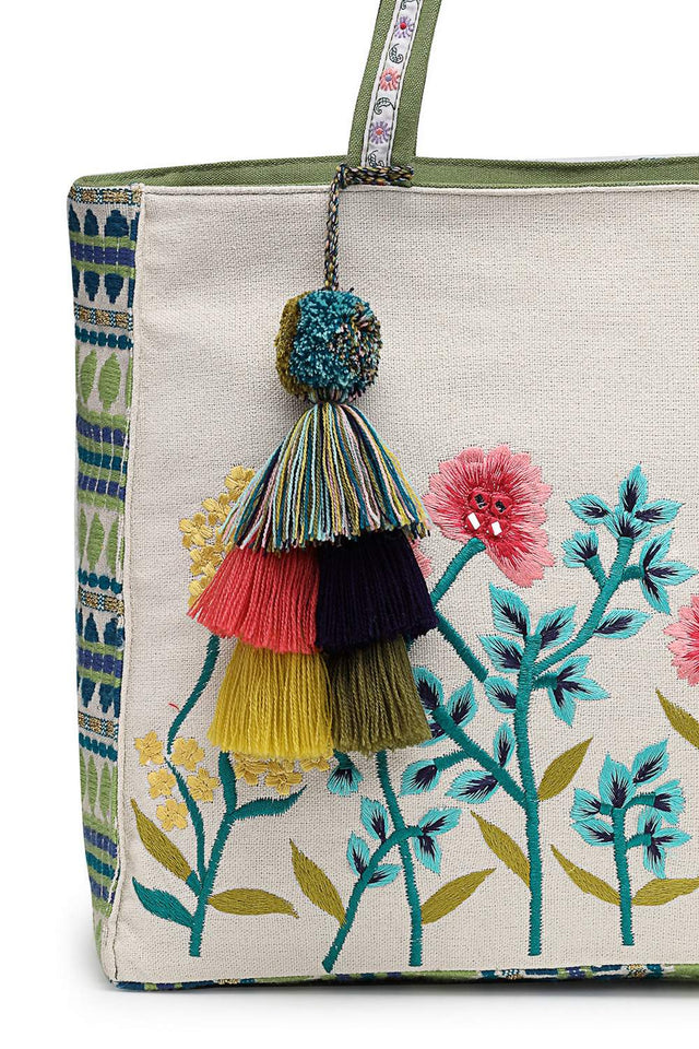 Off White Floral Embroidered Cotton Tote Bag