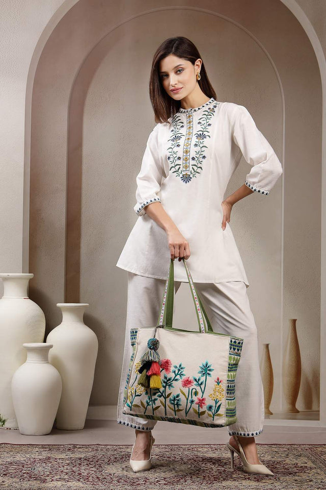 Off White Floral Embroidered Cotton Tote Bag