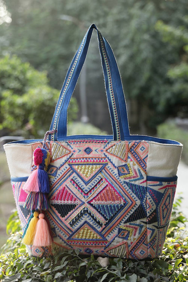 Multi Color Embellished Cotton Tote Bag (ADB5132B)