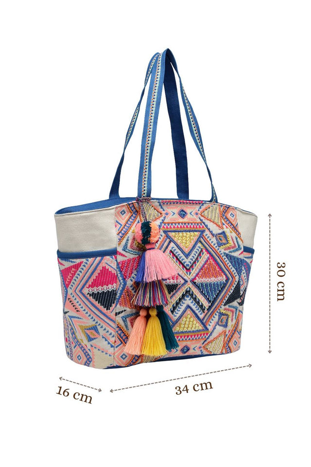 Multi Color Embellished Cotton Tote Bag (ADB5132B)