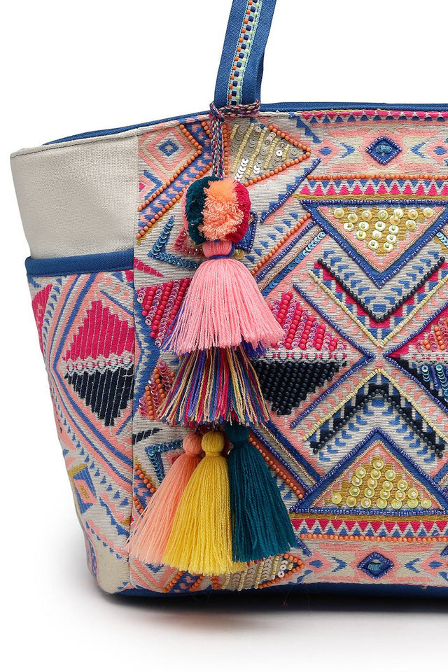 Multi Color Embellished Cotton Tote Bag (ADB5132B)