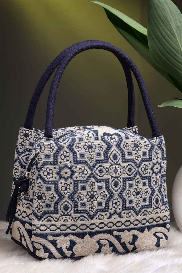Tribal Beige And Navy Abstract Cotton Jacquard Hand Bag