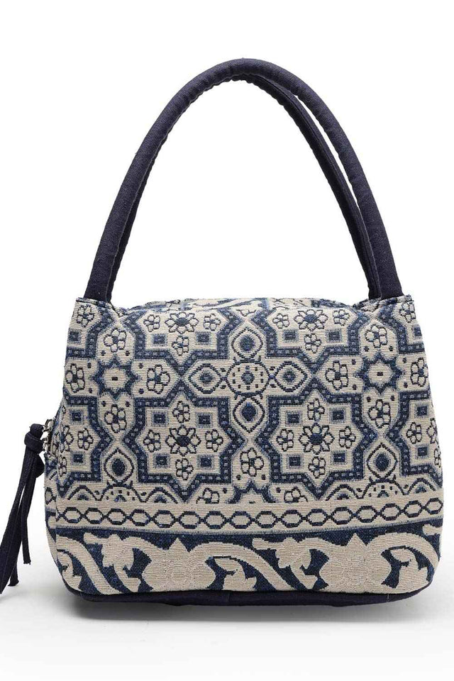 Tribal Beige And Navy Abstract Cotton Jacquard Hand Bag