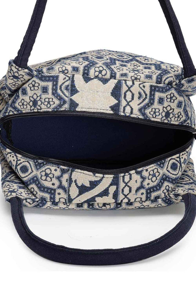 Tribal Beige And Navy Abstract Cotton Jacquard Hand Bag