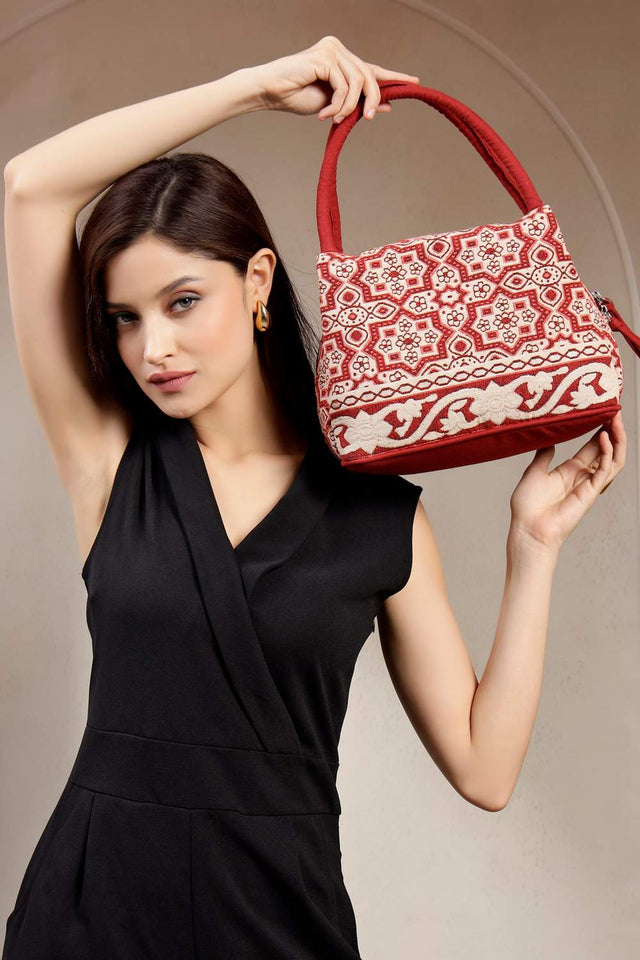 Maroon Jacquard Cotton Hand Bag