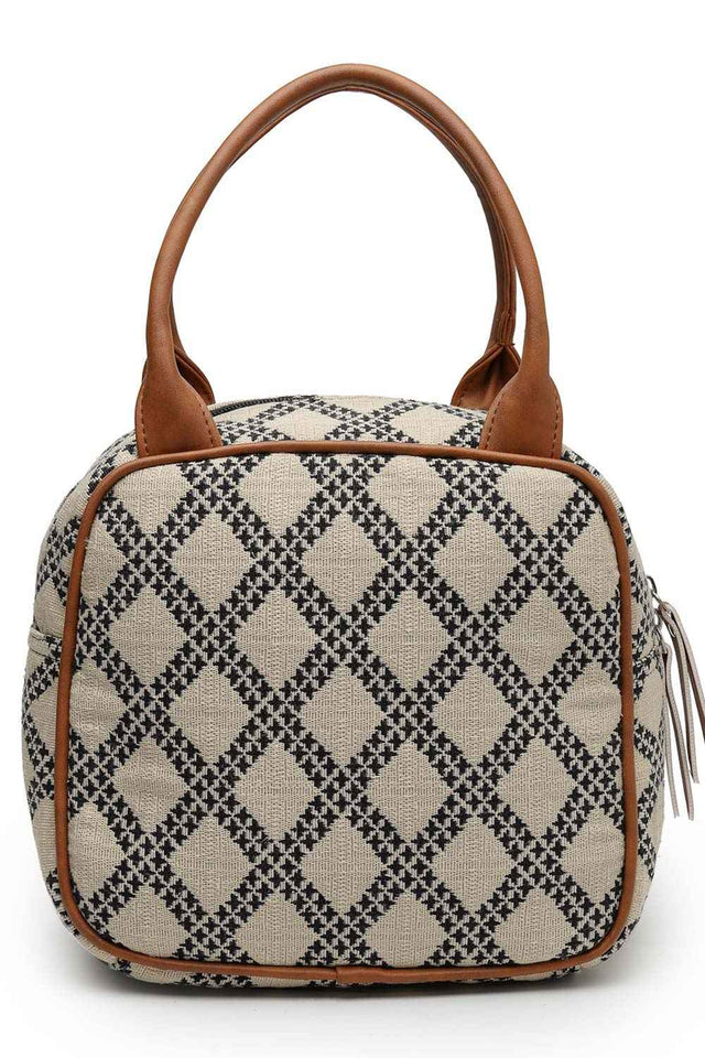 Geomat Beige, Black And Tan Lattice Cotton Jacquard Hand Bag