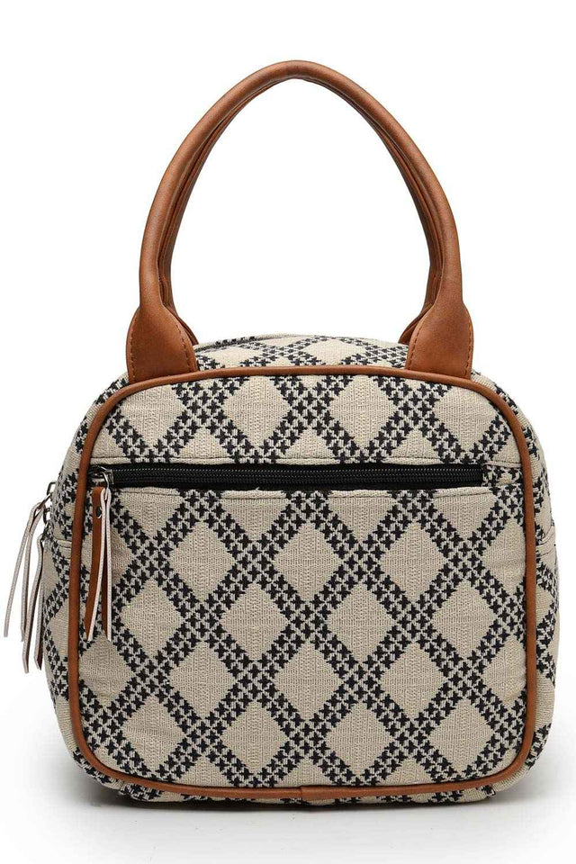 Geomat Beige, Black And Tan Lattice Cotton Jacquard Hand Bag