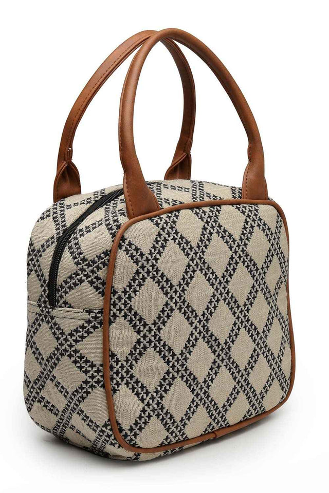 Geomat Beige, Black And Tan Lattice Cotton Jacquard Hand Bag