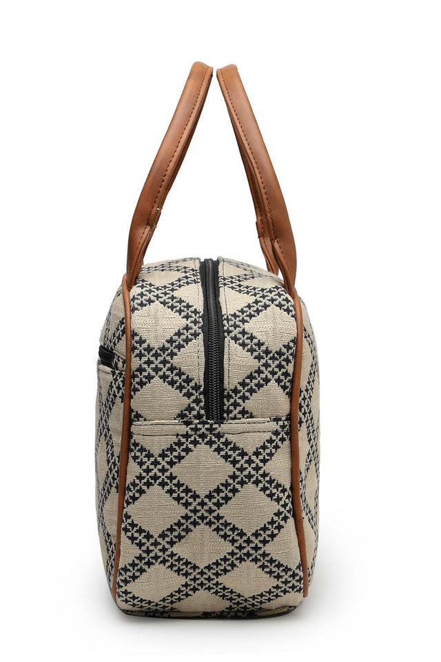 Geomat Beige, Black And Tan Lattice Cotton Jacquard Hand Bag