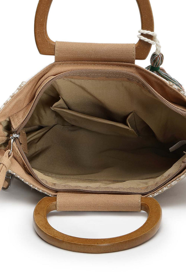 Kooky Camel Brown And Multi Floral Embroidered Cotton Jacquard Hand Bag