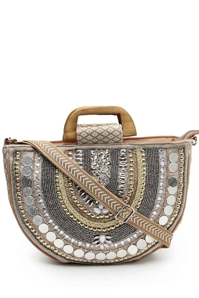 Boho Camel Brown And Gold Ethnic Embellished Cotton Jacquard Hand Bag