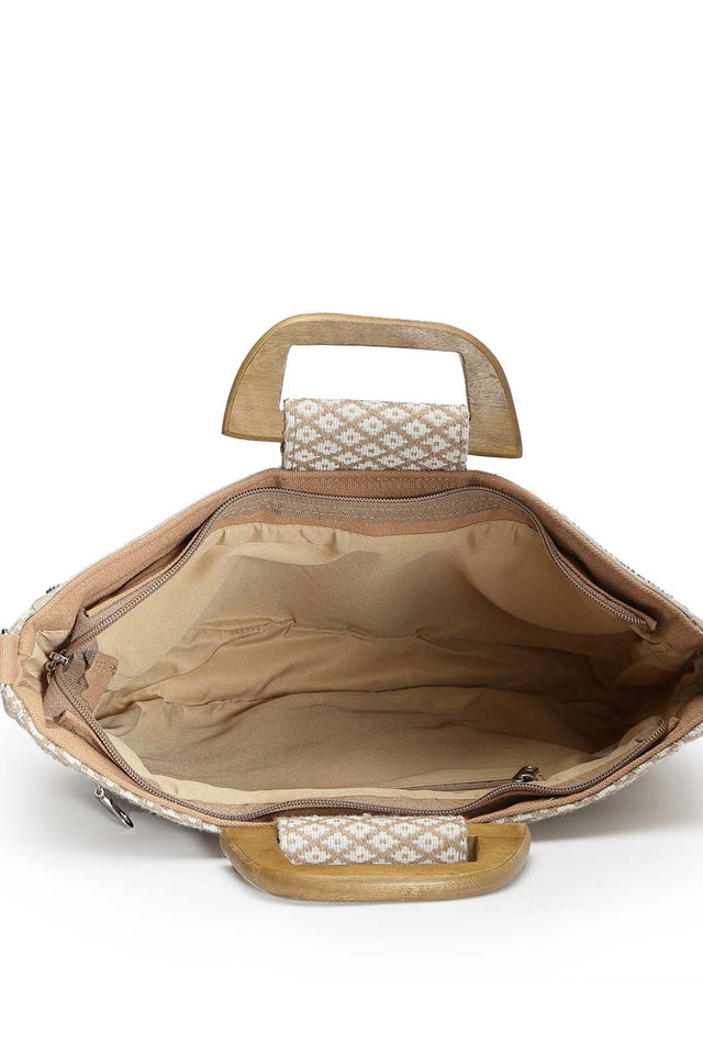 Boho Camel Brown And Gold Ethnic Embellished Cotton Jacquard Hand Bag