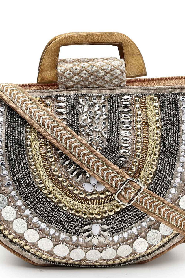 Boho Camel Brown And Gold Ethnic Embellished Cotton Jacquard Hand Bag