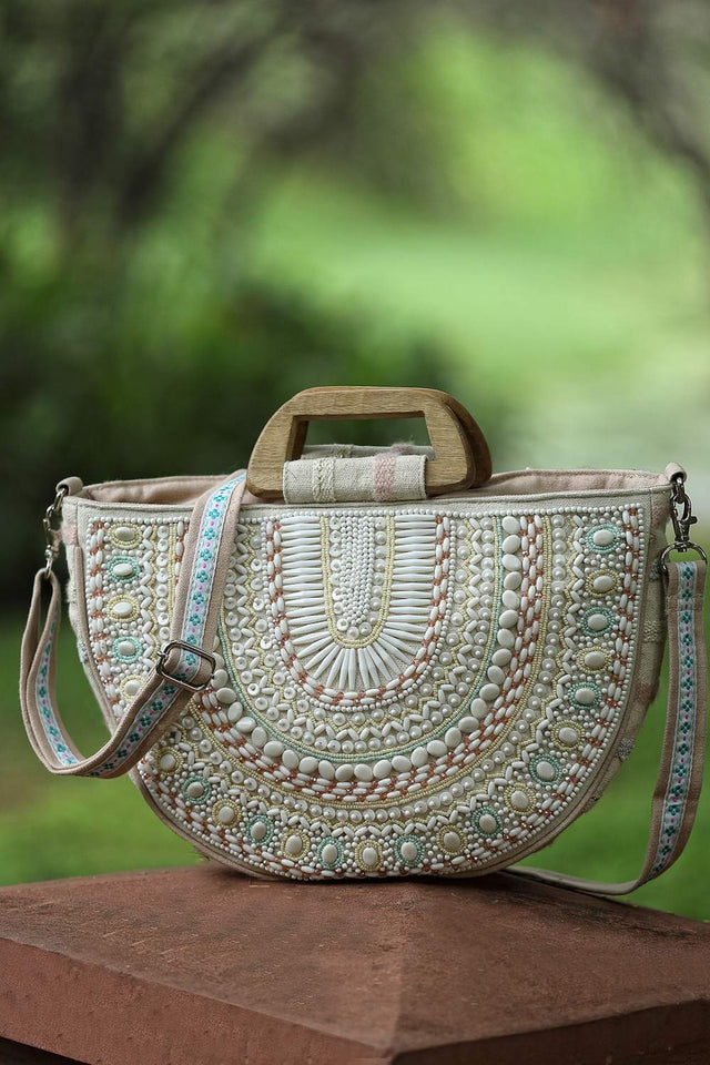 Off White Embellished Cotton Hand Bag