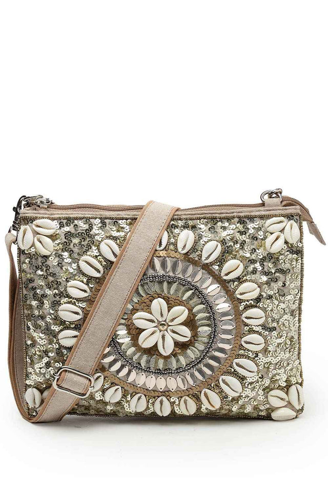 Boho Camel Brown And Gold Seashell Embellished Cotton Jacquard Sling Bag