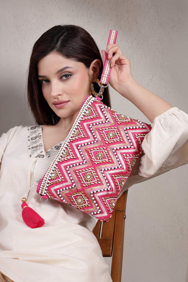 Pink Embellished Cotton Sling Bag