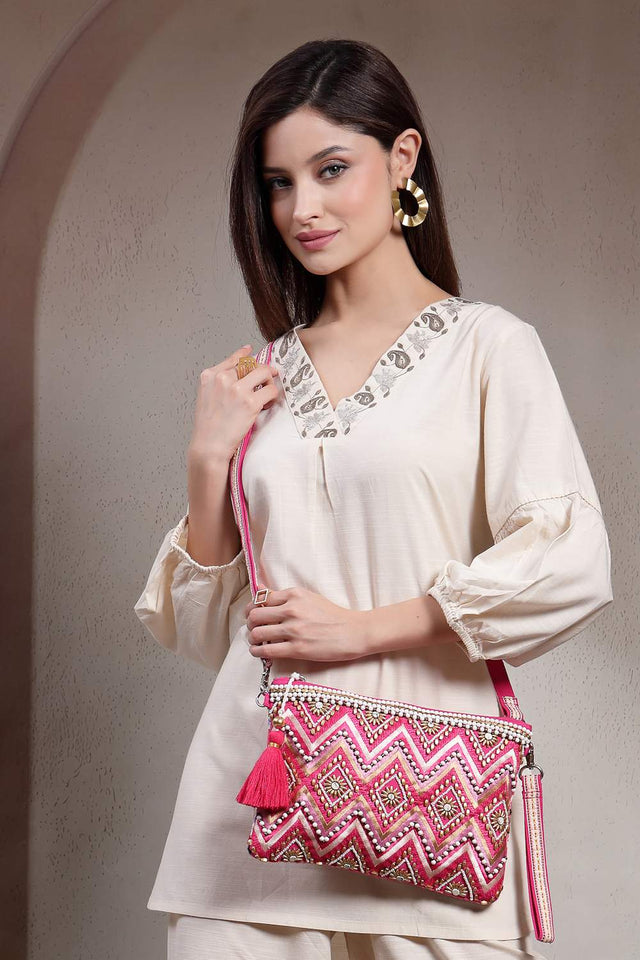 Pink Embellished Cotton Sling Bag