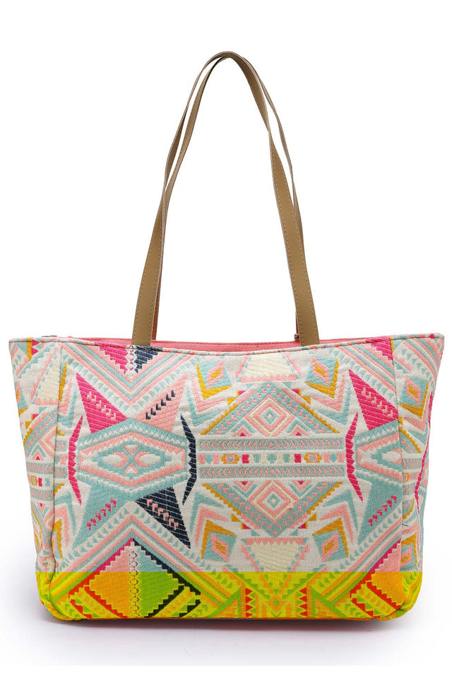 Lush Beige And Multi Floral Embroidered Cotton Jacquard Tote Bag