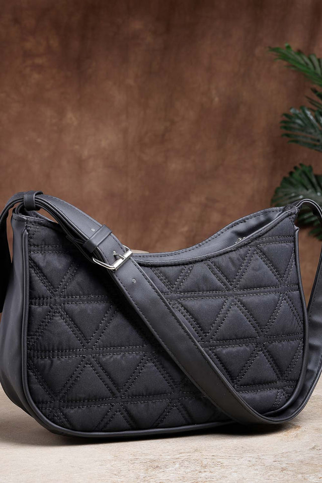 Black Geometric Quilted Polyester Shoulder Bag