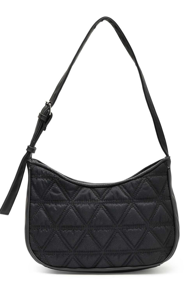 Black Geometric Quilted Polyester Shoulder Bag