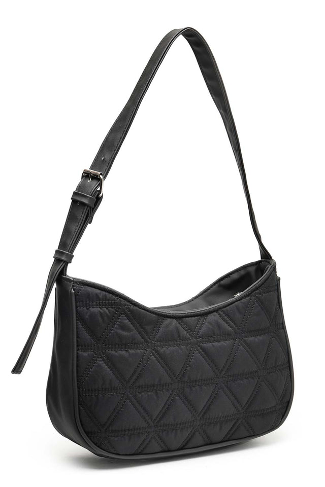 Black Geometric Quilted Polyester Shoulder Bag
