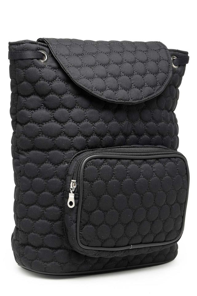 Black Geometric Quilted Polyester Backpack Bag