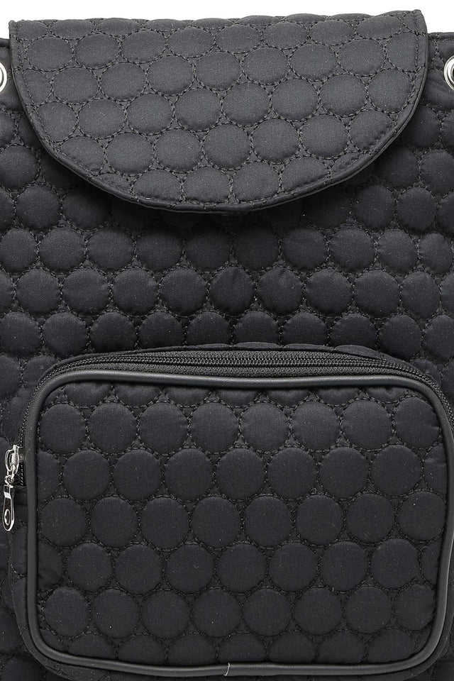 Black Geometric Quilted Polyester Backpack Bag