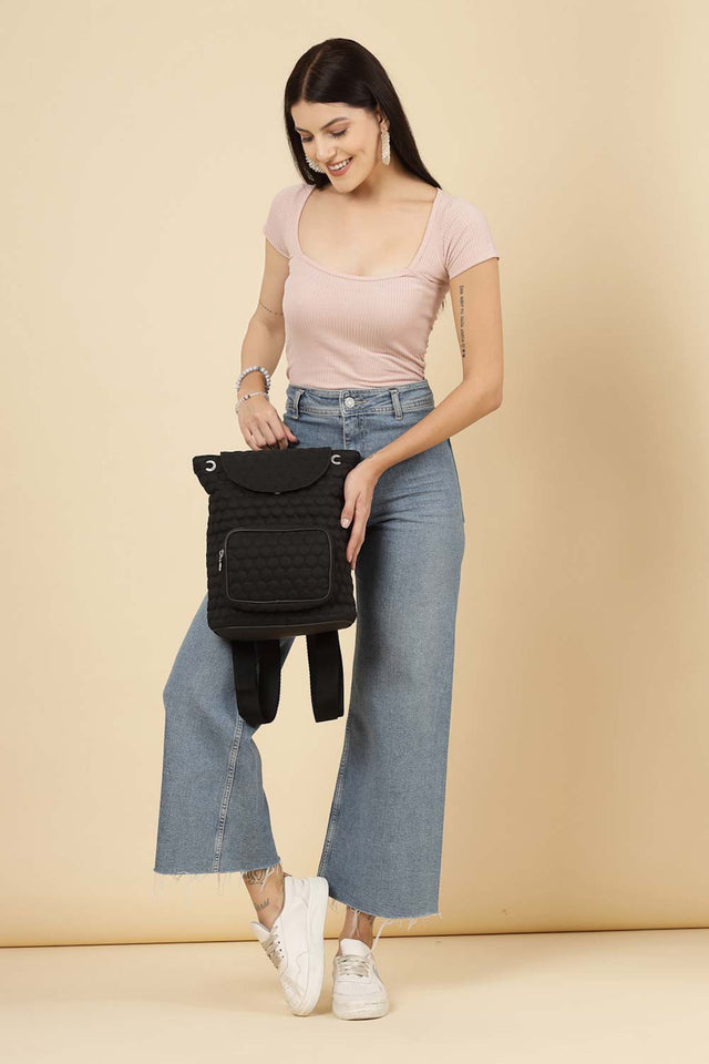 Black Geometric Quilted Polyester Backpack Bag