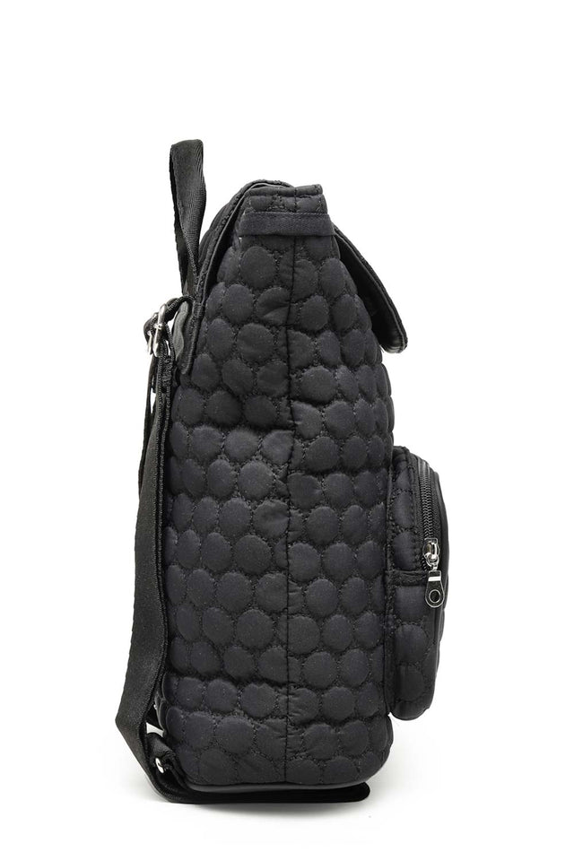 Black Geometric Quilted Polyester Backpack Bag