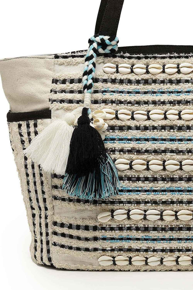 Boho Beige And Black Striped Cotton Jacquard Tote Bag