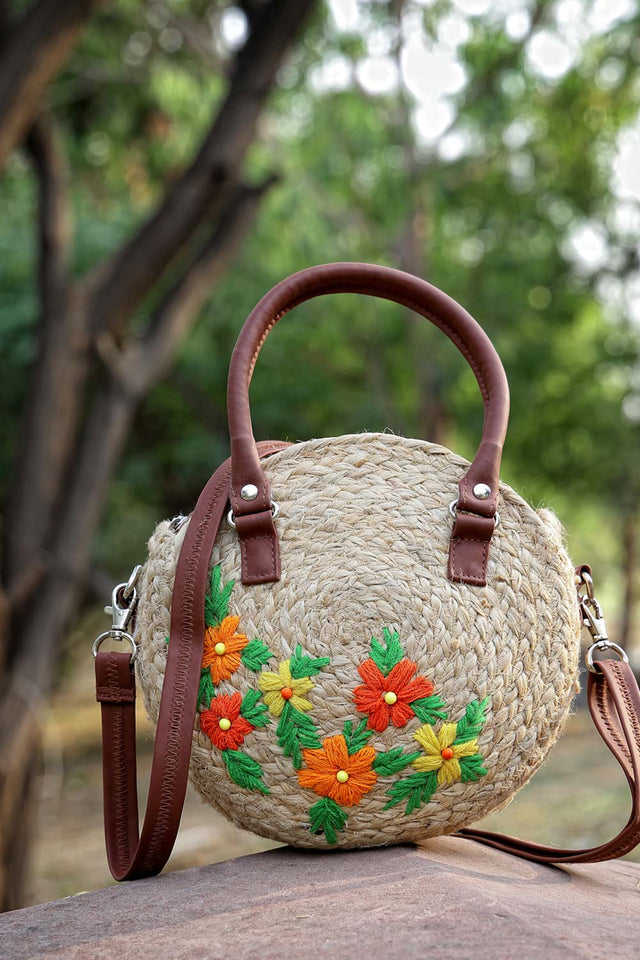 Beige & Multi Floral Embroidered Jute & Vegan Leather Hand Bag
