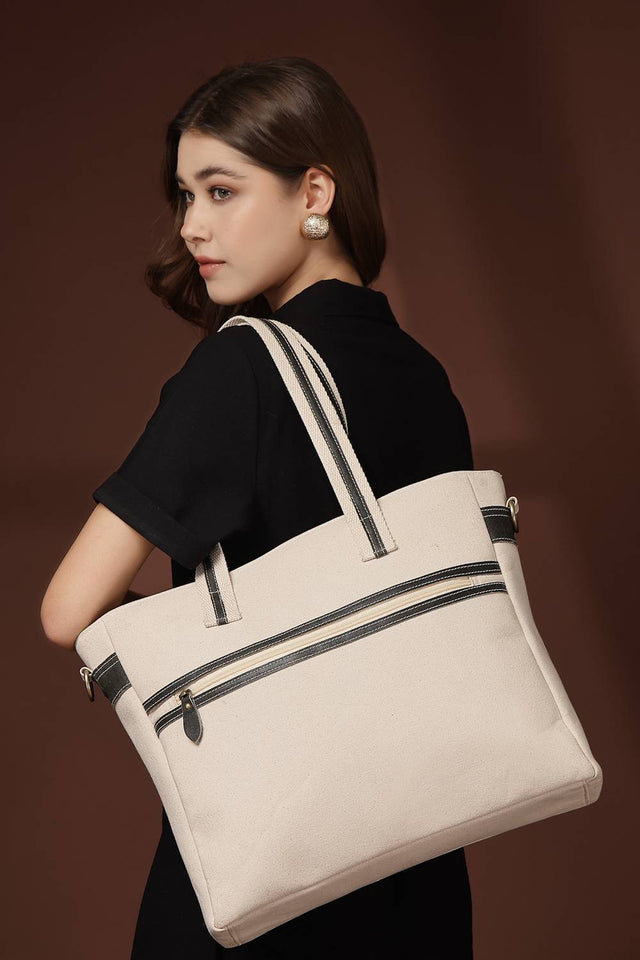 Off White Solid Cotton Tote Bag (ADB5222A)
