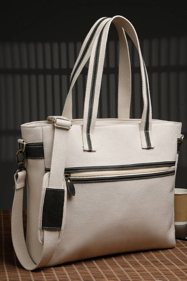Off White Solid Cotton Tote Bag (ADB5222A)