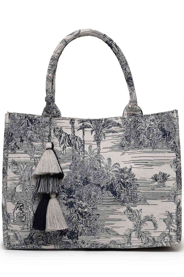 Beige Jacquard Cotton Hand Bag