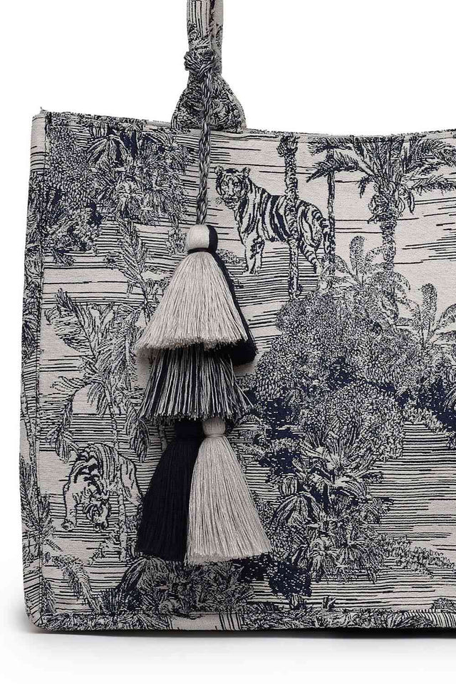 Beige Jacquard Cotton Hand Bag