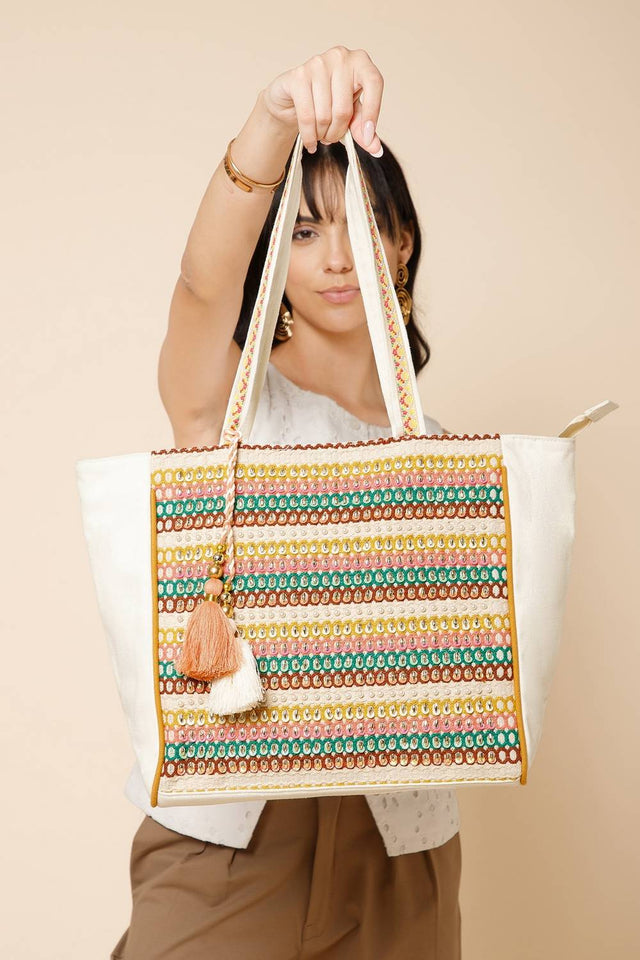Multi Color Sequined Canvas Tote Bag