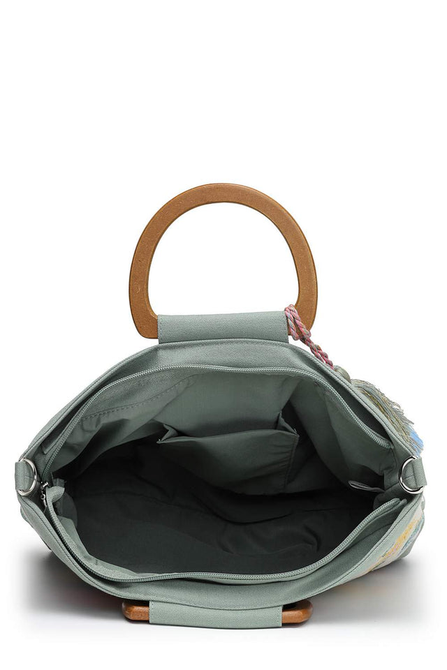 Off White Embellished Cotton Hand Bag