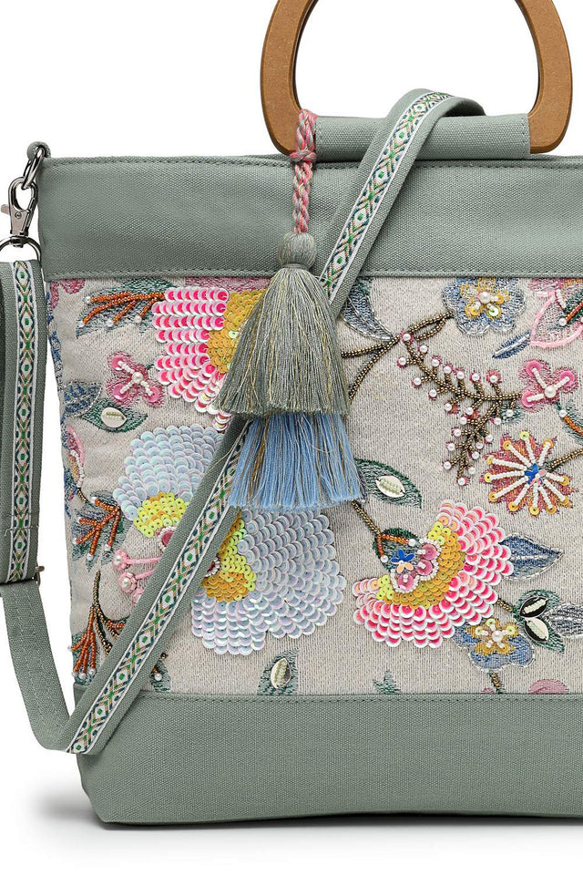 Off White Embellished Cotton Hand Bag